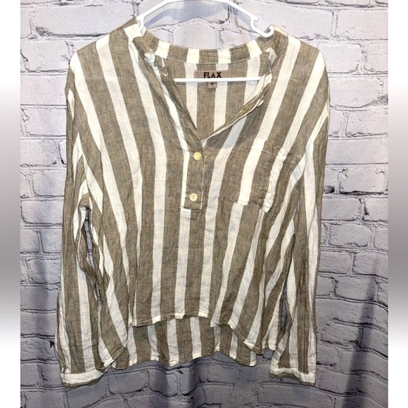 FLAX Linen Striped Button Down Blouse Top Small Lightweight V Neck Long Sleeve - Picture 1 of 5